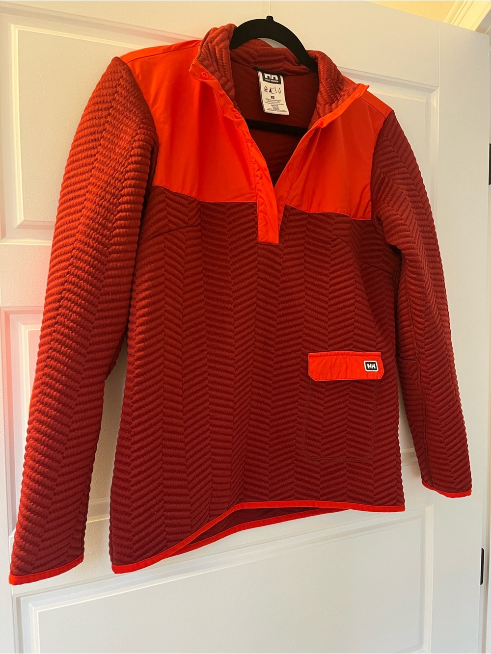 SOLD Helly Hansen Red Quilted Pullover with Bright Orange Yoke